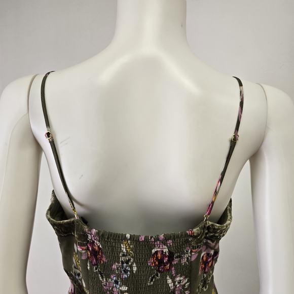 White House Black Market 12P Dress Fairy Floral Velvet Trim Y2K Green Asymmetric - Picture 10 of 16